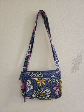 Vera Bradley Little Hipster Blue Floral Quilted Crossbody with Pink & Yellow